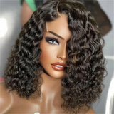 Short Bob Wig 4x4 Curly Bob Wig Human Hair Lace Frontal Wigs 200% Density Natural Black Wig