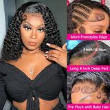 Short Bob Wig 4x4 Curly Bob Wig Human Hair Lace Frontal Wigs 200% Density Natural Black Wig