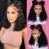 Short Bob Wig 4x4 Curly Bob Wig Human Hair Lace Frontal Wigs 200% Density Natural Black Wig