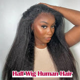 3 In 1 Half Wig Kinky Straight Human Hair Comfortable Fit Invisible Hairline Adjustable Drawstring Wigs for Seamless Hair