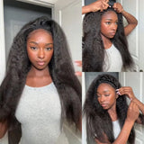 3 In 1 Half Wig Kinky Straight Human Hair Comfortable Fit Invisible Hairline Adjustable Drawstring Wigs for Seamless Hair