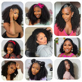 Kinky Curly Human Hair Half Wig Machine Made Headband Wig Upgrade 3 IN 1 Half Wig With Drawstring Seamless Clips Wig For Women